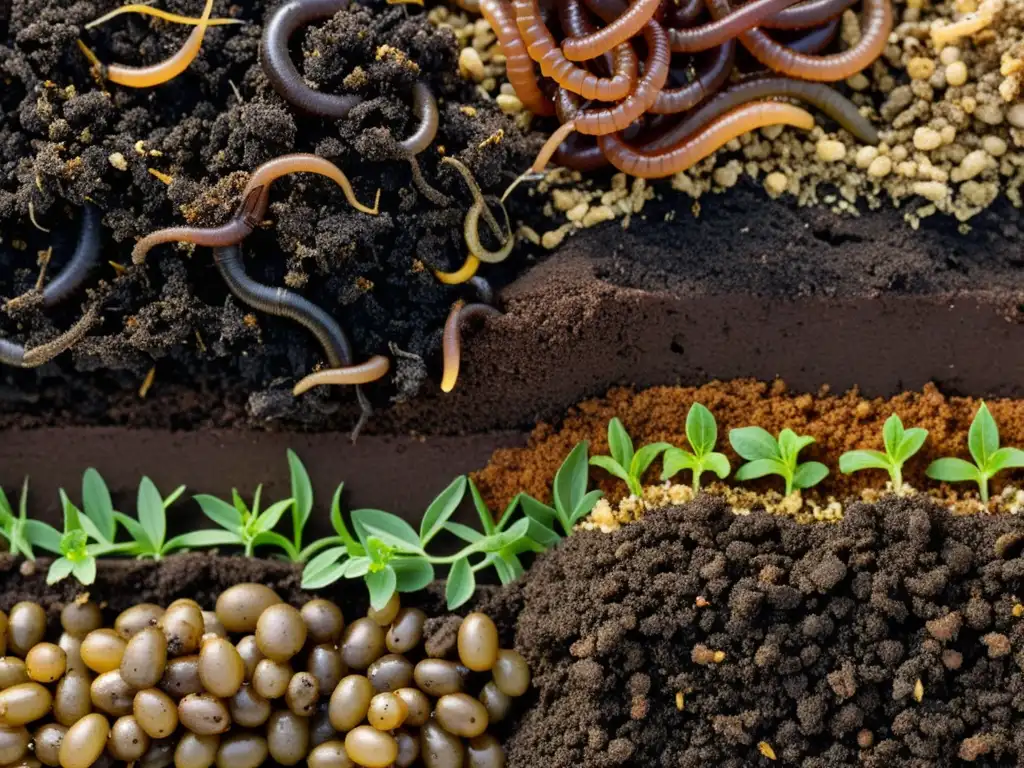 Una imagen detallada y rica de una pila de compost, resaltando la belleza y complejidad del proceso de compostaje como una solución sostenible para el manejo de residuos