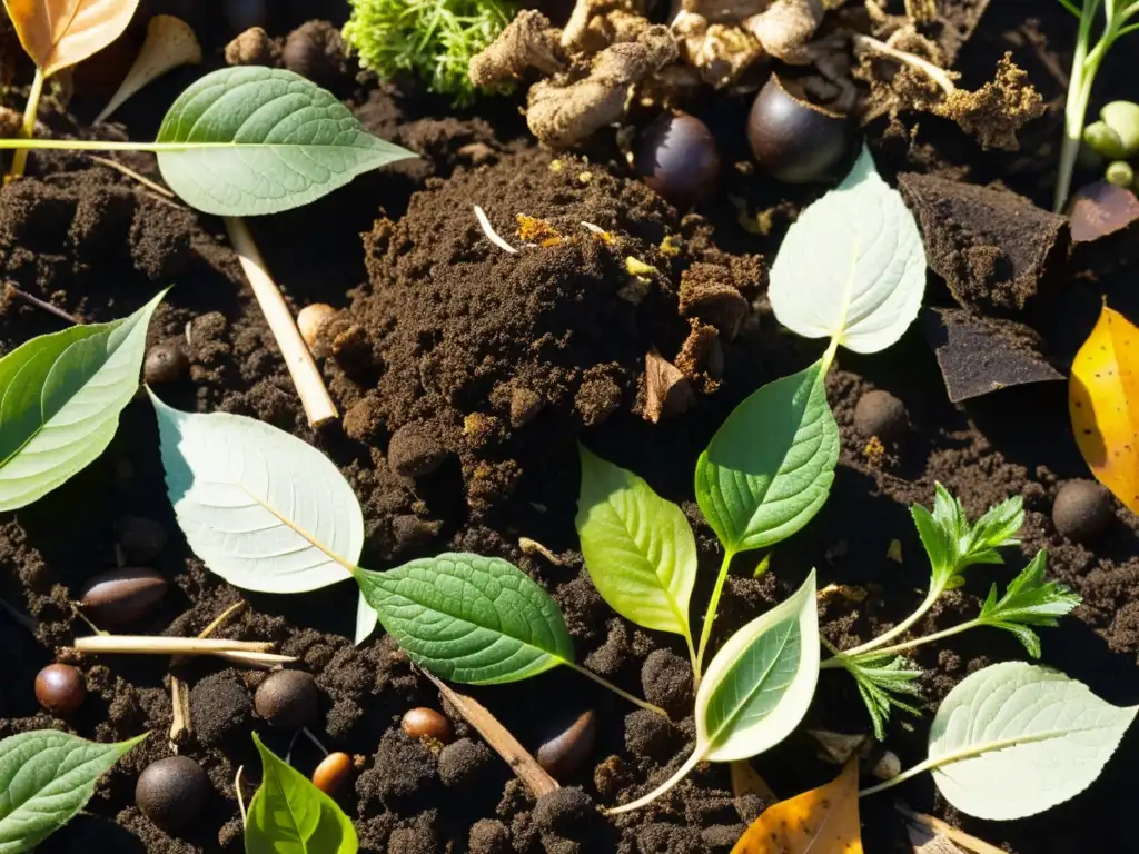 Una imagen detallada y serena de una pila de compost con capas de materia orgánica en diferentes etapas de descomposición