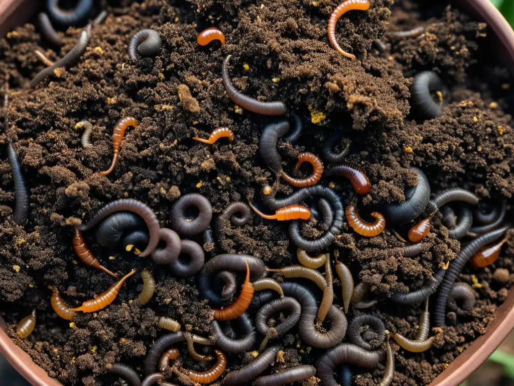 Una imagen detallada y ultrarresolutiva de un compost oscuro y rico, rebosante de vida biodiversa