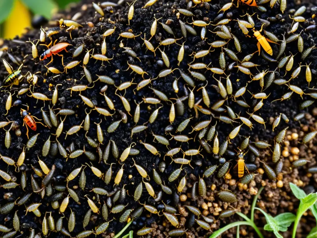 Una imagen detallada de un vibrante montón de compost repleto de insectos beneficiosos, mostrando la compleja relación entre los insectos beneficiosos y el compostaje en una claridad fascinante