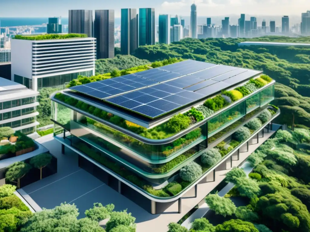 Imagen 8k de un edificio comercial futurista con innovaciones ecológicas y diseño moderno, integrando naturaleza y tecnología