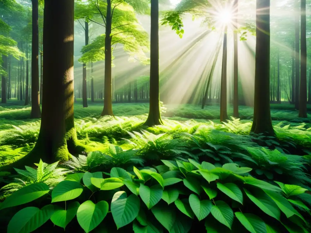 Imagen de un exuberante bosque verde con luz solar filtrándose entre las hojas, creando sombras en el suelo