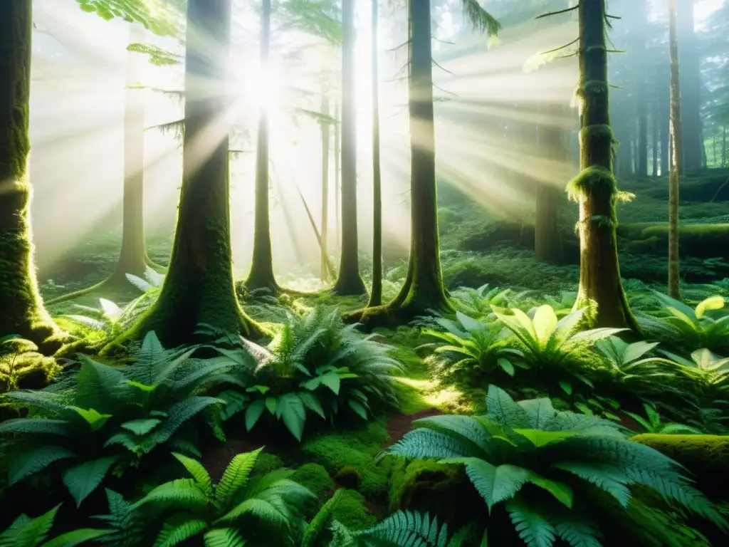 Imagen de un exuberante bosque verde con luz solar filtrándose a través del dosel