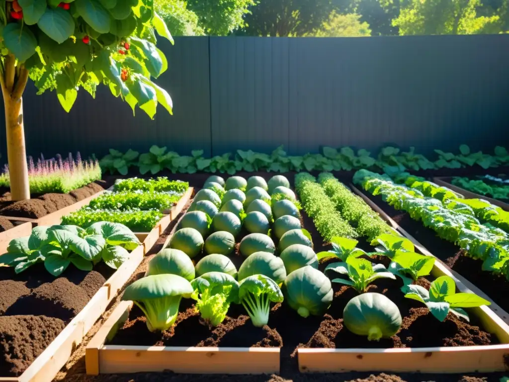 Imagen de un exuberante huerto orgánico con frutas y verduras coloridas, rodeado de compost saludable