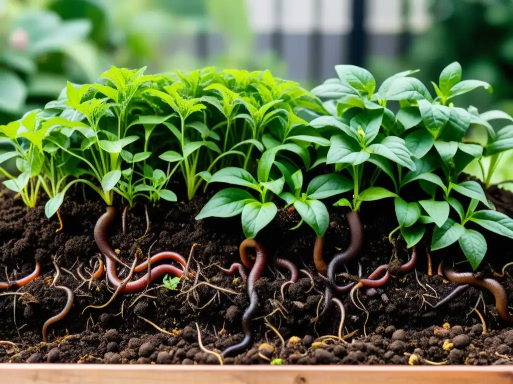 Imagen de un exuberante jardín con compostaje para revitalizar suelos empobrecidos, repleto de plantas saludables y flores vibrantes en crecimiento