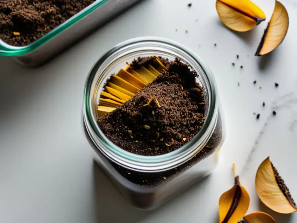 Imagen de un frasco de vidrio con capas de materiales de compostaje, como restos de café, cáscaras de vegetales y papel triturado