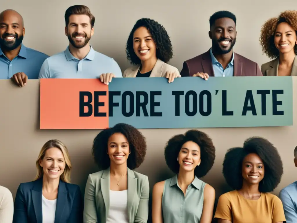 Imagen impactante de diversa gente comprometida con la campaña 'Before It’s Too Late', mostrando determinación y urgencia en sus acciones