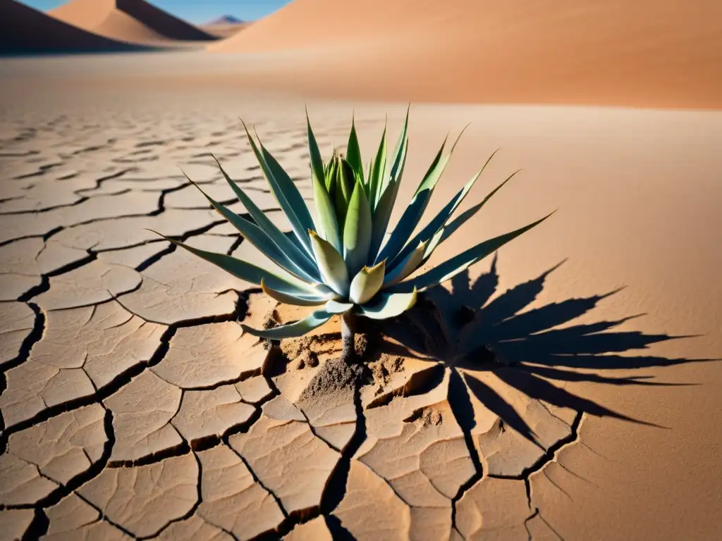 Imagen impactante de un paisaje desértico con tierra agrietada y una planta luchando por sobrevivir