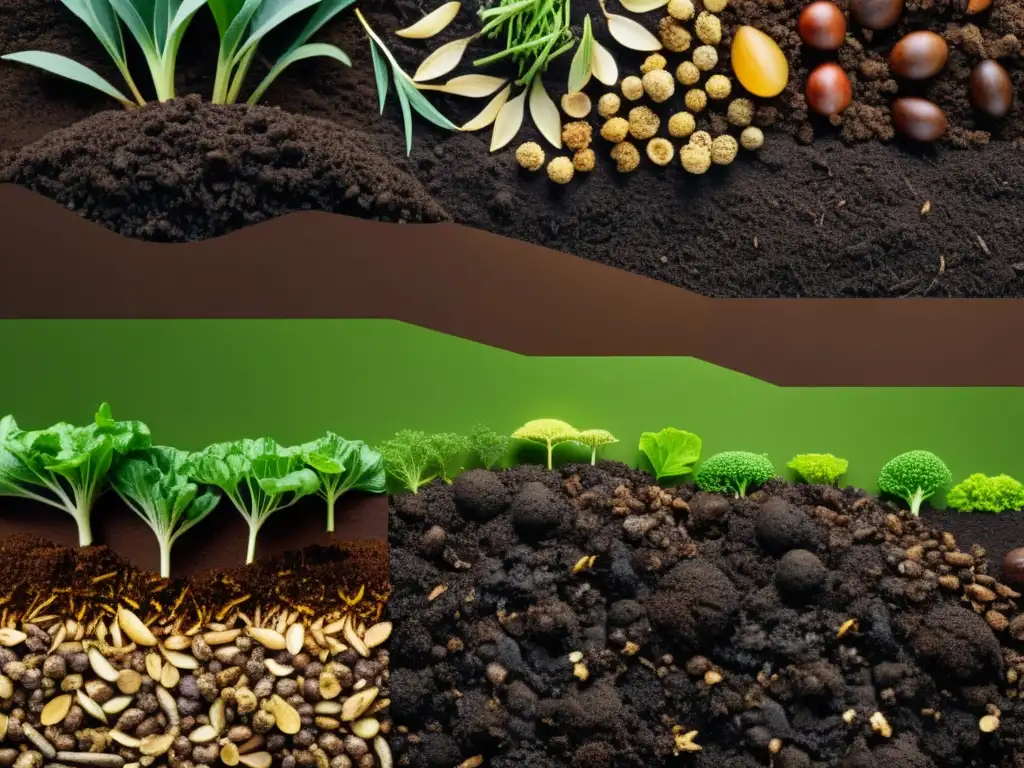 Una imagen impactante de una pila de compost meticulosamente organizada, con capas de materiales orgánicos en diferentes etapas de descomposición