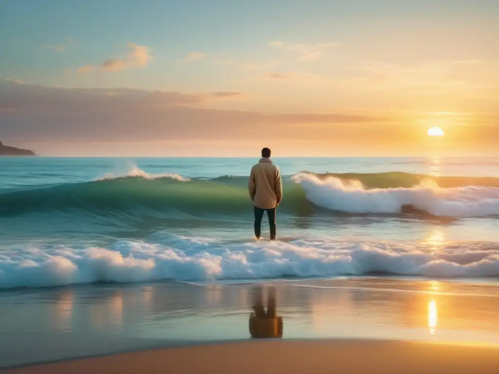 Imagen impactante para publicidad ecológica: atardecer sereno en el mar, con olas suaves y cielo pastel evocando paz y armonía