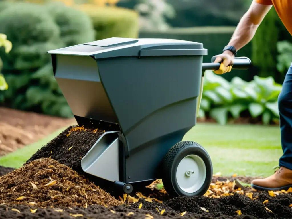 Una imagen impactante de una trituradora de jardín en acción, convirtiendo ramas y hojas en compost fino