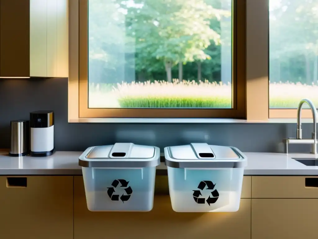 La imagen muestra la importancia del reciclaje en casa con contenedores separados para vidrio, plástico y papel en una cocina moderna y minimalista