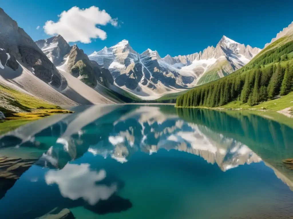 Imagen impresionante de un paisaje de montaña prístino, con picos nevados que perforan las nubes y crean sombras largas sobre el terreno