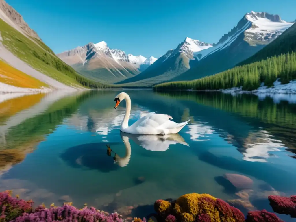 Una imagen 8k de un lago de montaña rodeado de picos nevados