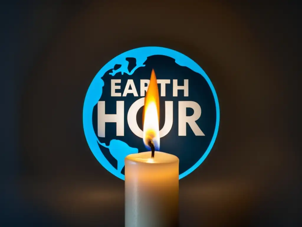 Logo de La Hora del Planeta iluminado por una vela en la oscuridad La imagen muestra el logo de la Campaña Earth Hour WWF proyectado en un fondo oscuro, con una vela encendida en primer plano