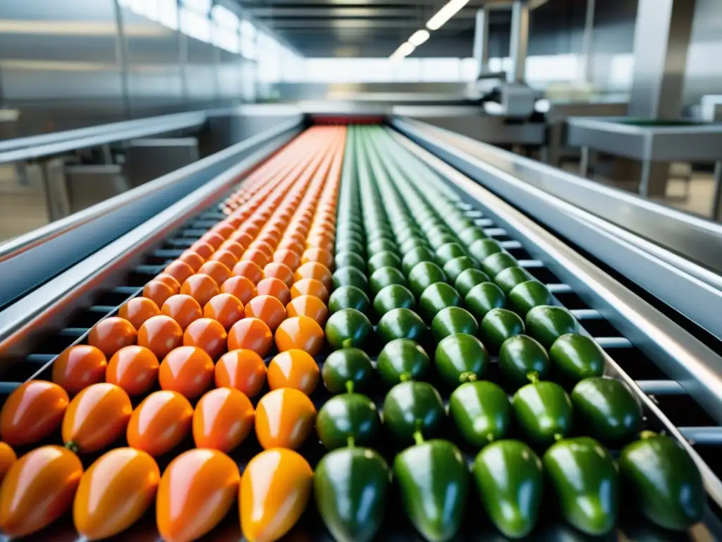 Imagen de una moderna cinta transportadora en planta de procesamiento de alimentos, con productos frescos en movimiento