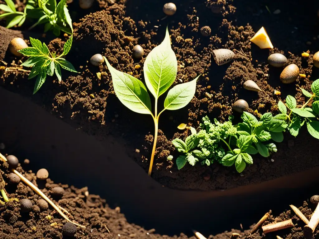 Imagen de un montón de compost detallado, iluminado por el sol, mostrando las capas de materiales orgánicos en descomposición y el vibrante ecosistema