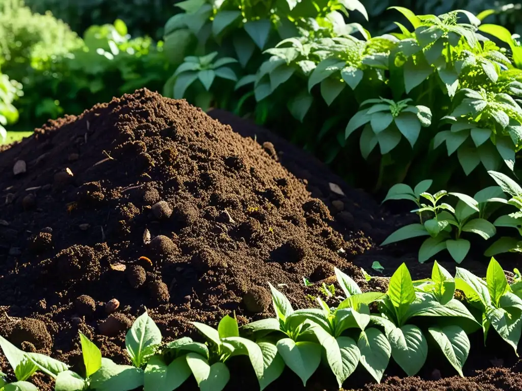 Una imagen de un montón de compost en un jardín, rodeado de plantas verdes y flores, con la luz del sol filtrándose a través de ellas