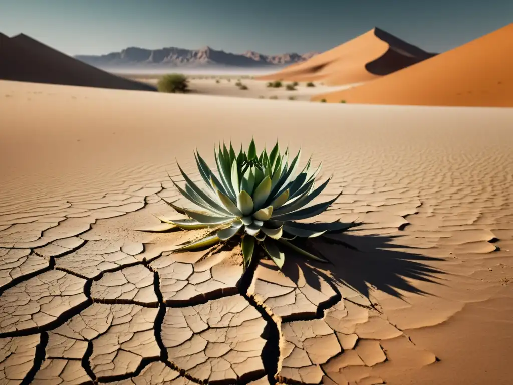 Imagen de un paisaje desértico con un único y resistente plantón verde destacando en el terreno árido