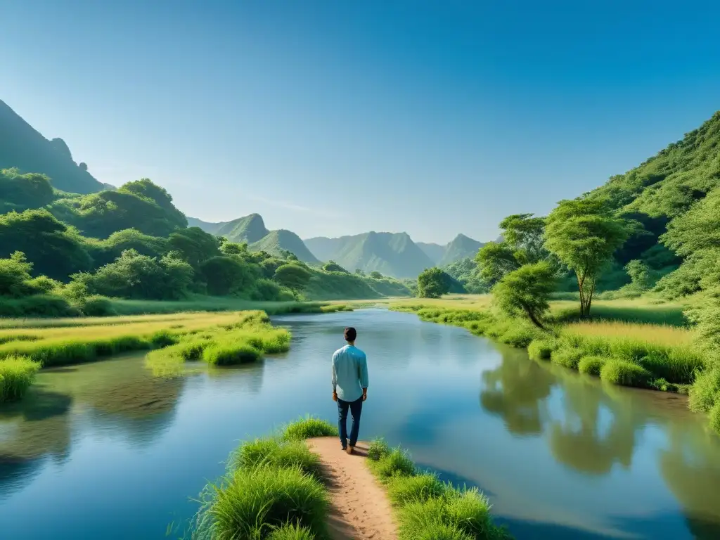 Imagen de un paisaje natural sereno con río, cielo azul y vegetación exuberante, evocando armonía y conciencia ambiental para estrategia de marketing en fechas ambientales