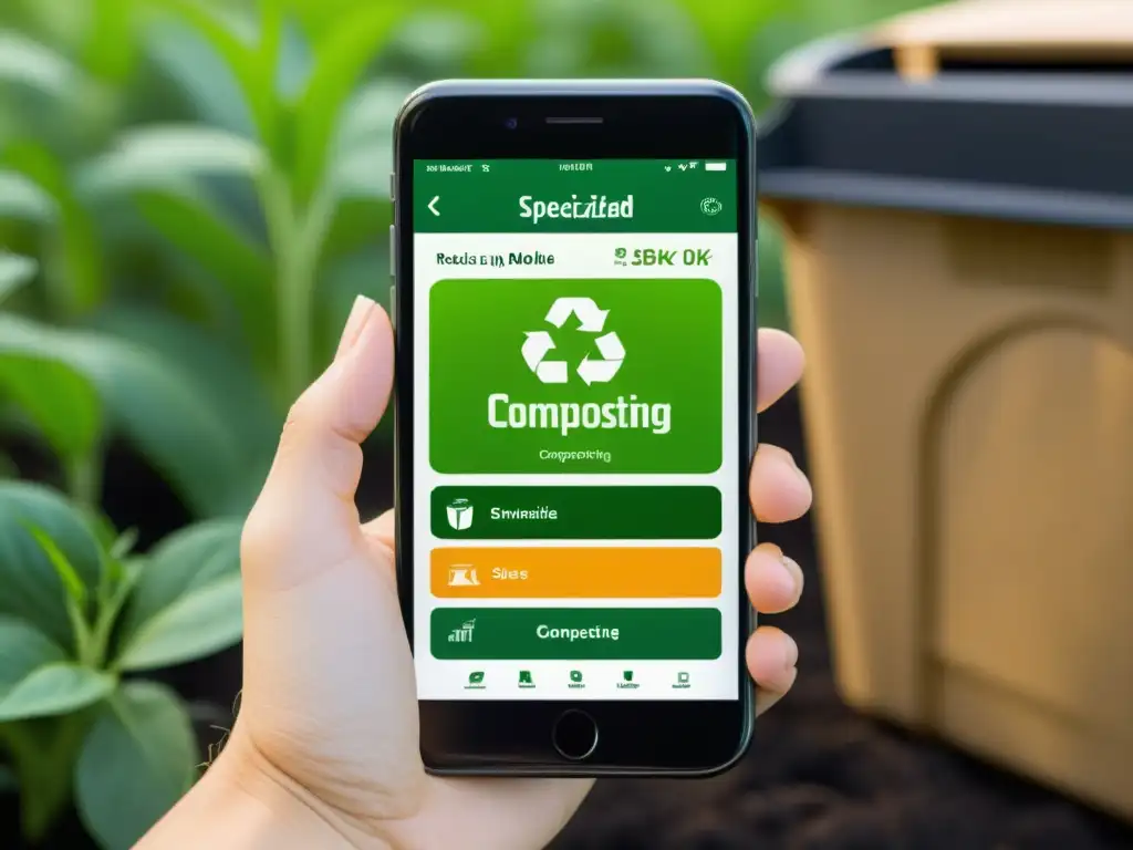 Imagen 8k de pantalla de smartphone con aplicación de compostaje y reciclaje, reflejando herramientas digitales para startups eco-friendly