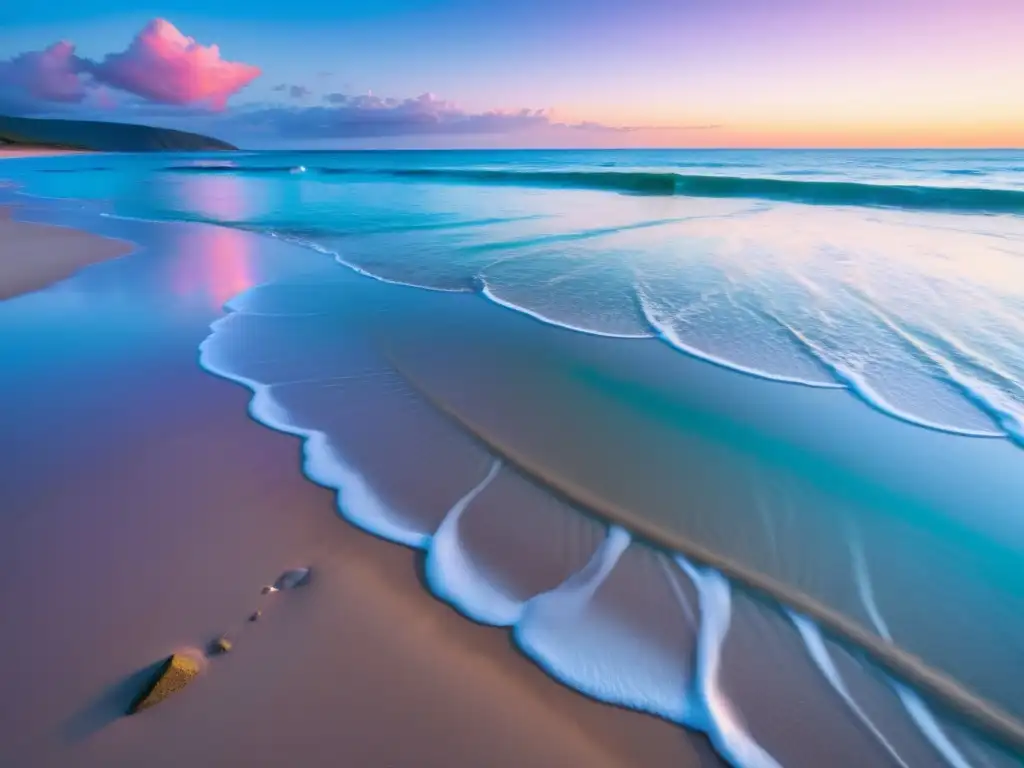 Imagen de playa prístina al atardecer, aguas turquesa y cielo pintado en tonos cálidos