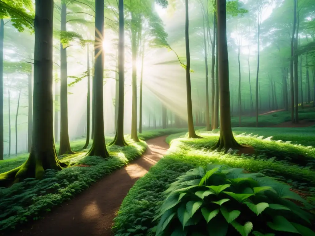 Una imagen de alta resolución de un bosque verde con luz solar entre las hojas