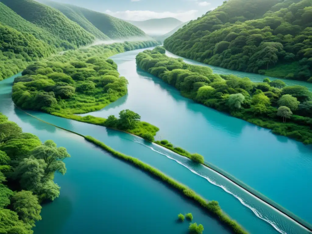 Imagen de un río azul sereno fluyendo entre un bosque verde exuberante, con vida silvestre abundante