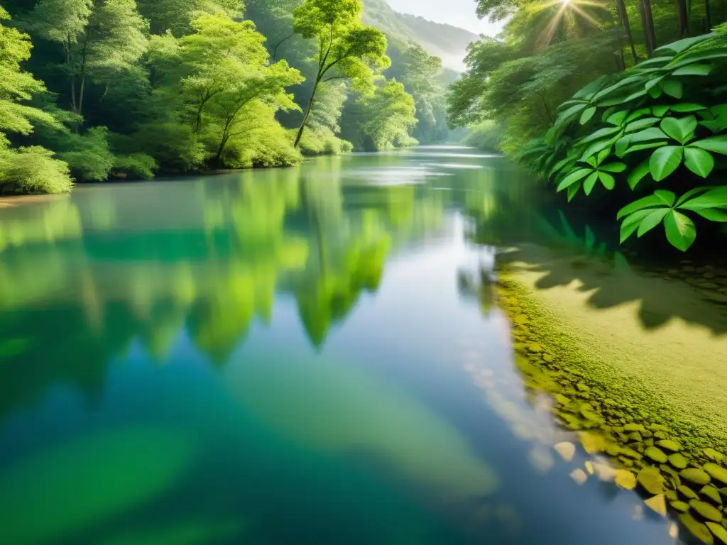 Imagen de un río cristalino fluyendo entre un bosque exuberante, transmitiendo armonía y pureza en la gestión del agua en reciclaje