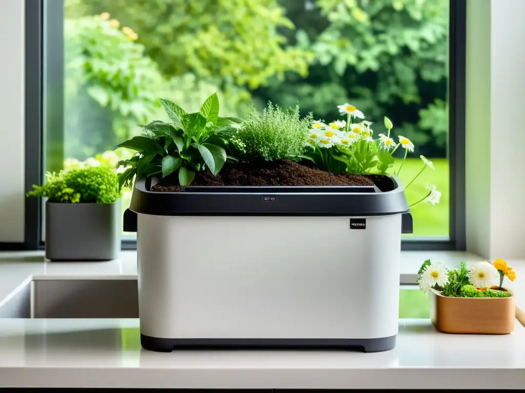 Una imagen serena de un elegante compostador en casa rodeado de plantas verdes vibrantes