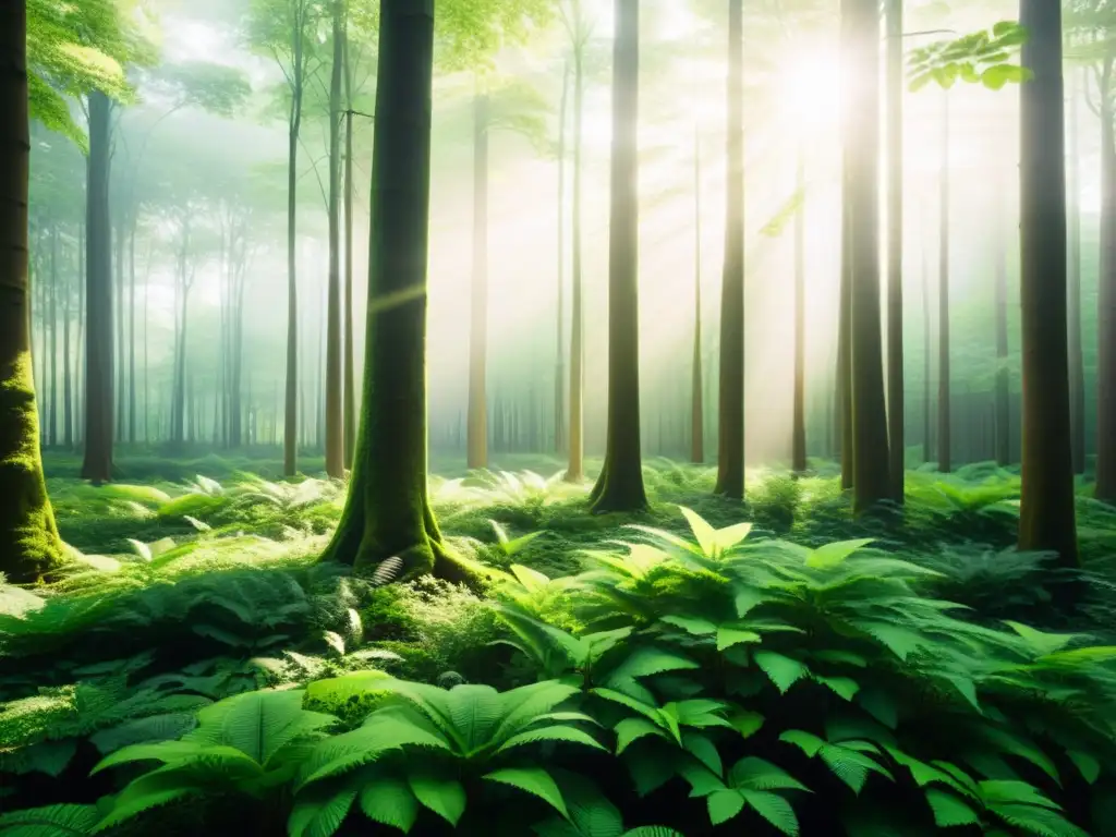 Imagen serena de un frondoso bosque verde con luz solar filtrándose entre las hojas