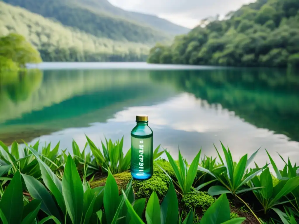 Imagen serena de lago cristalino rodeado de vegetación, con botella biodegradable en la orilla