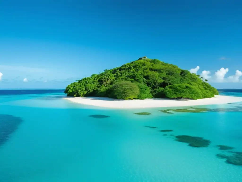 Imagen serena de una pequeña isla en el Caribe, con exuberante vegetación y aguas azules cristalinas, ideal para el compostaje en islas pequeñas Caribe