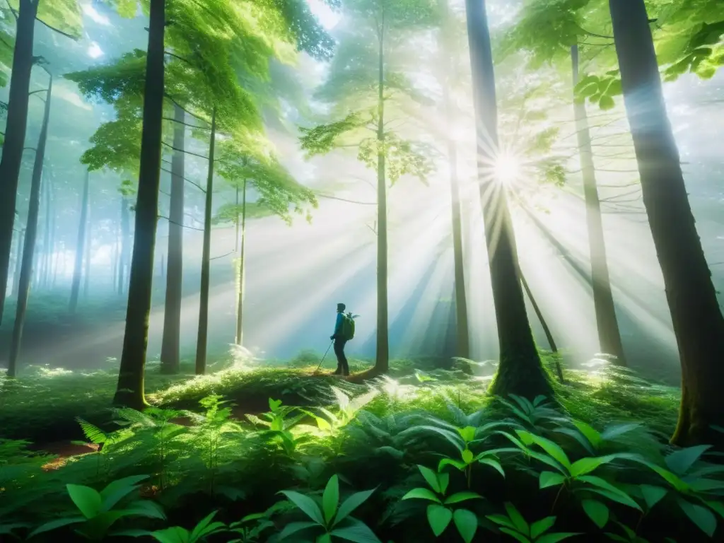 Imagen de un tranquilo bosque con luz solar entre las hojas, resaltando la belleza de la naturaleza