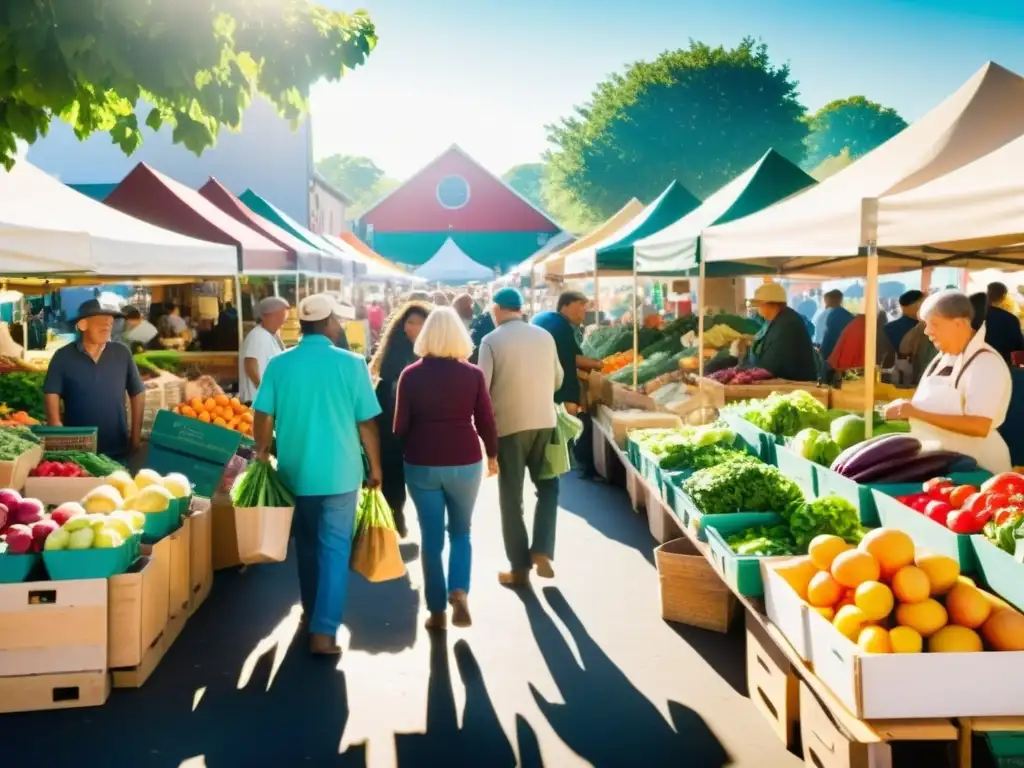 Una imagen vibrante de un bullicioso mercado de agricultores con vendedores diversos, productos frescos y bienes caseros