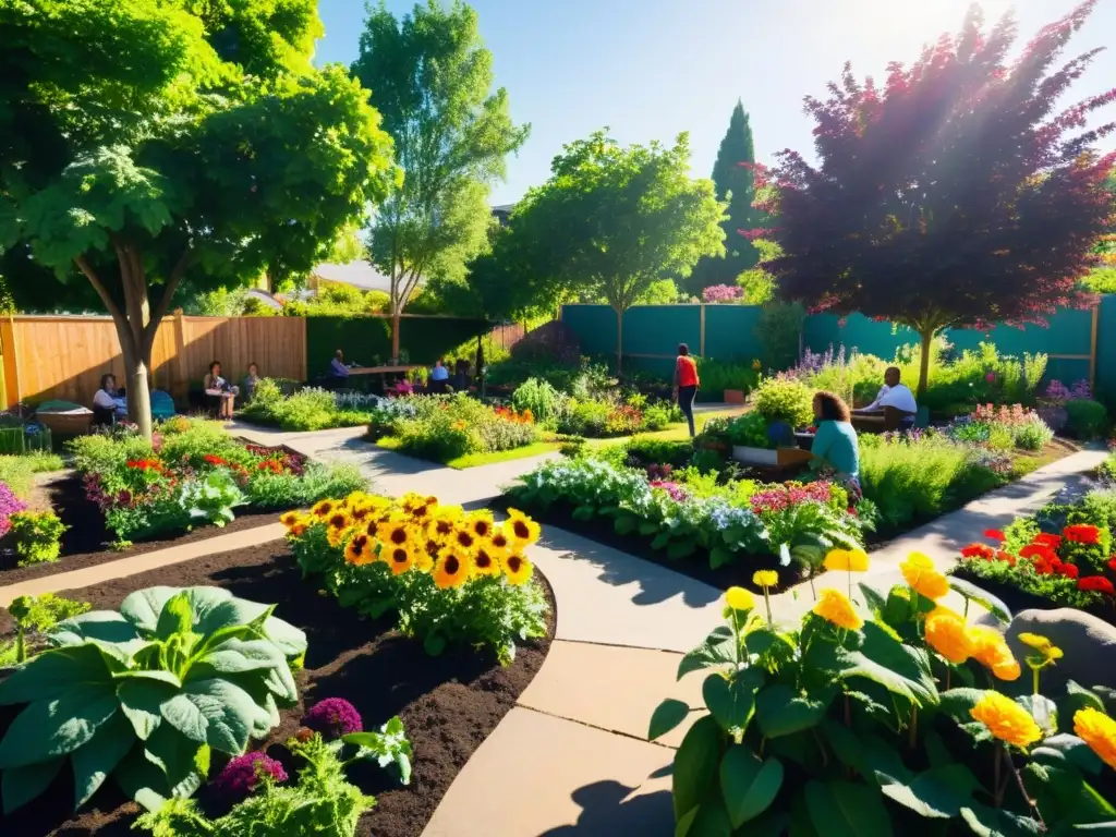 Imagen vibrante de un jardín comunitario, lleno de plantas verdes y flores vibrantes