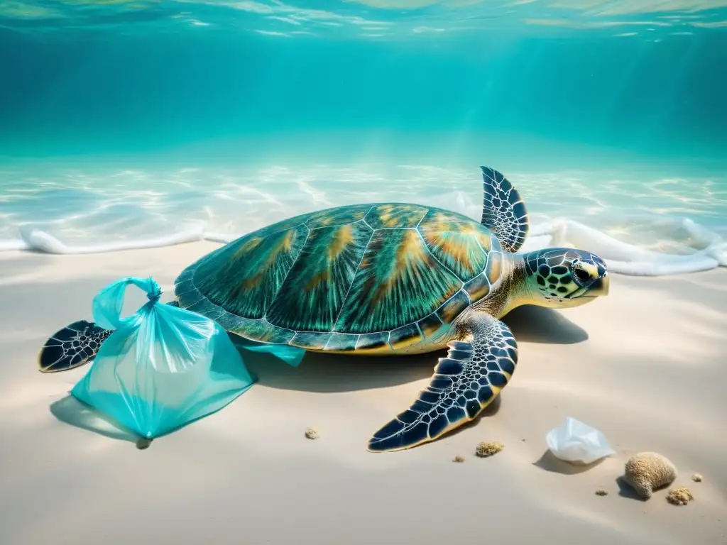 Una impactante evaluación de la campaña 'Ban the Bag' de National Geographic, con una playa prístina, aguas turquesas y una tortuga marina rodeada de bolsas de plástico flotantes