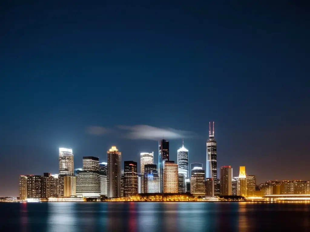 Skyline nocturno: impacto de la Hora del Planeta Una impactante imagen de la ciudad de noche, con algunas edificaciones iluminadas y el resto sumido en la oscuridad