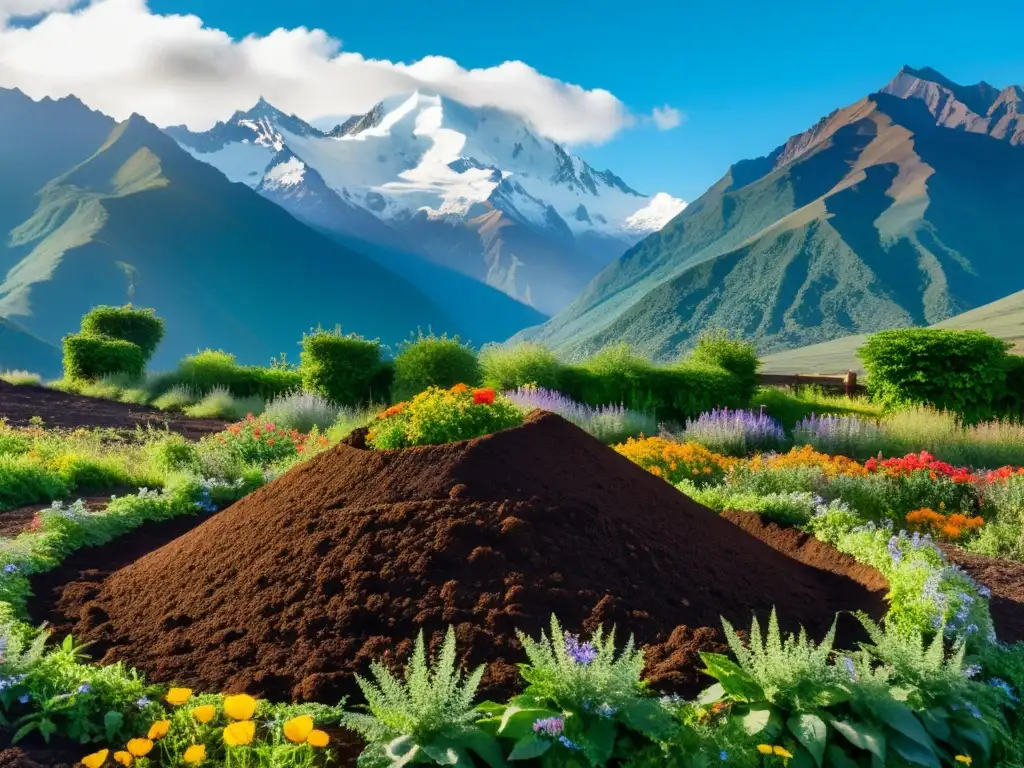Compostaje en los Andes: Naturaleza transformadora Un impresionante compostaje en altitudes elevadas enmarcado por los majestuosos Andes, con tierra fértil y exuberante vegetación