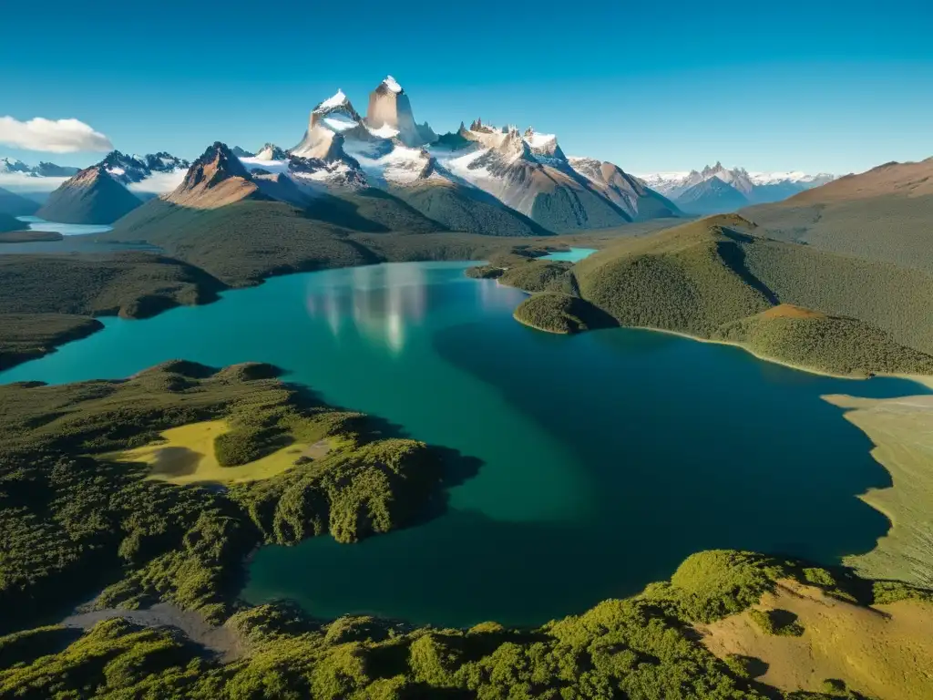 Una impresionante fotografía detallada de la vasta y serena belleza de la Patagonia, con montañas nevadas, lagos cristalinos y bosques exuberantes