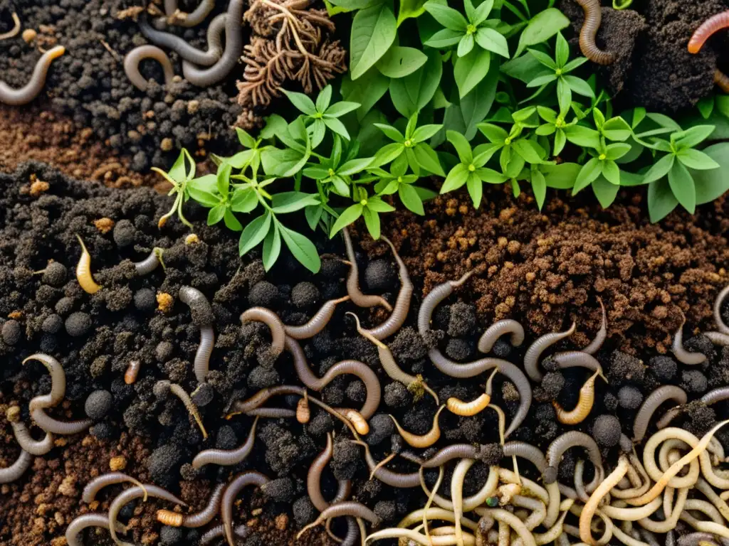 Una impresionante imagen detallada de un montón de compost, mostrando el proceso natural de descomposición con lombrices y microorganismos