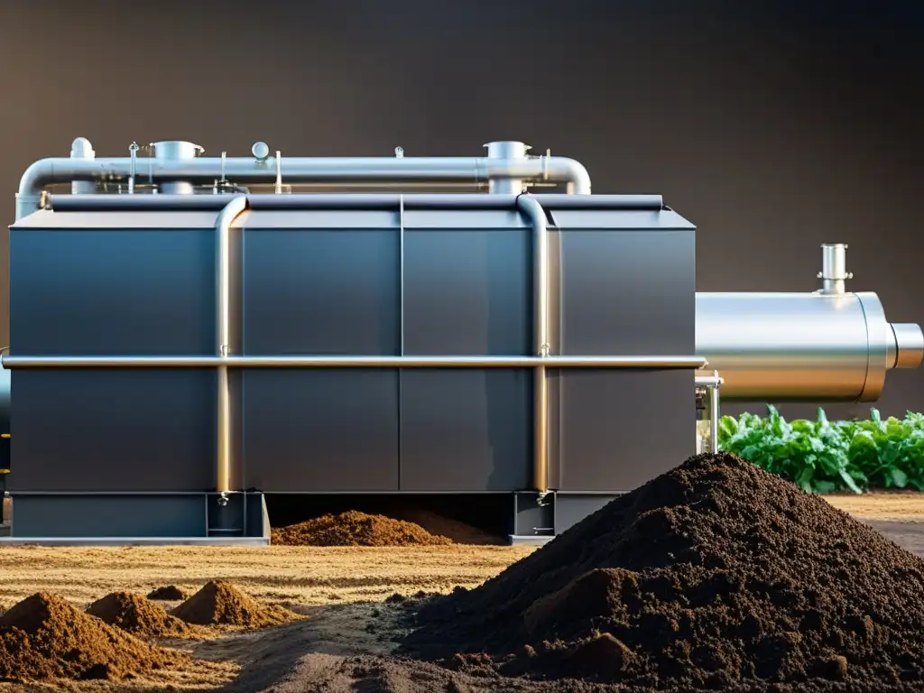 Compostaje industrial: tecnología innovadora en acción Una impresionante máquina de compostaje en acción, con un diseño moderno y mecanismos intrincados convirtiendo residuos orgánicos en compost