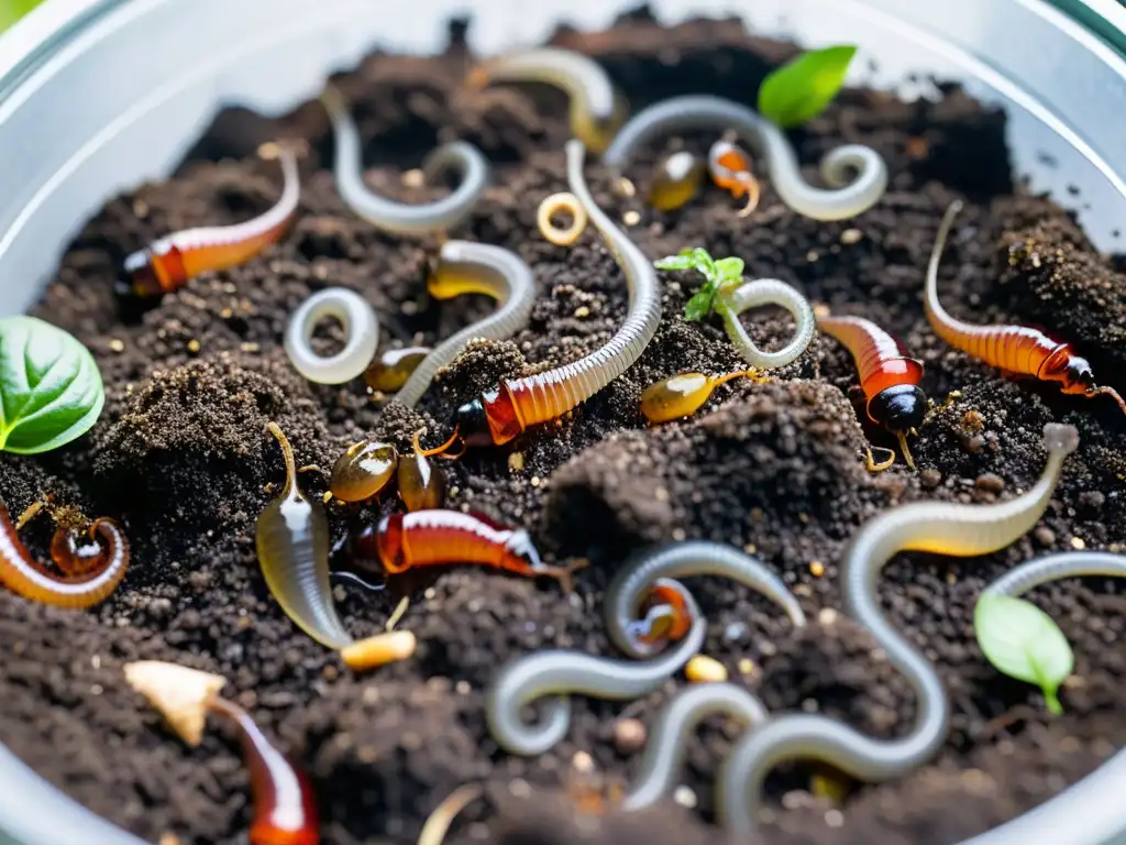 Un impresionante paisaje de vida en un recipiente de vermicompostaje en casa, con lombrices rojas, compostaje y organismos en descomposición