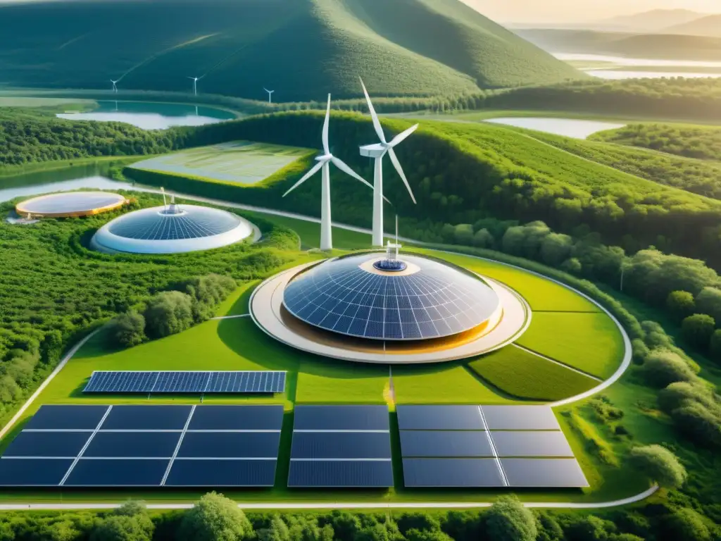 Planta de energía verde futurista en paisaje natural Un impresionante parque de energía verde con lo mejor en tecnologías verdes para invertir, integrando naturaleza y tecnología futurista