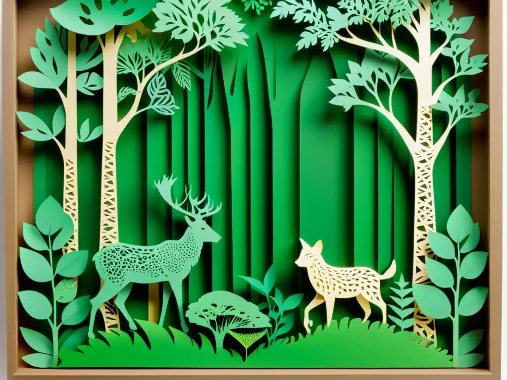 Un impresionante trabajo de arte en papel, muestra un exuberante bosque con diversa vida silvestre