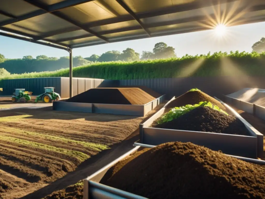 Instalación industrial de compostaje con pilas de compost organizadas, vapor y trabajadores en equipo moviendo el material orgánico, casos de éxito compostaje industria alimentaria