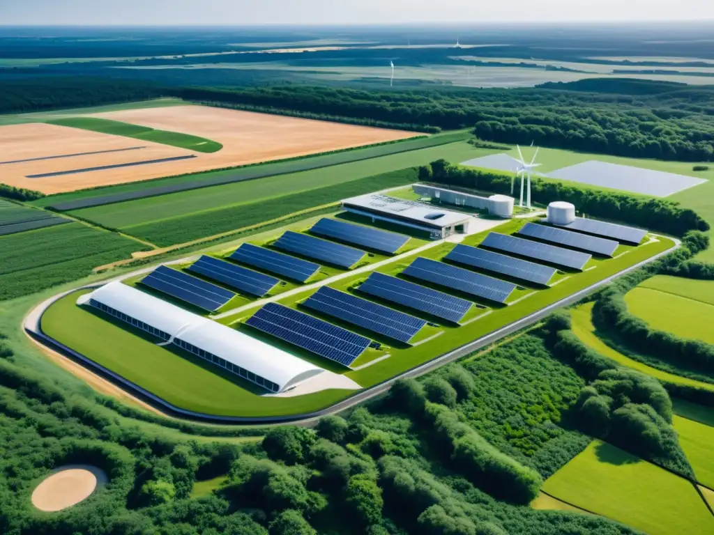 Instalación industrial moderna y sostenible con paneles solares y turbinas eólicas, en armonía con la naturaleza