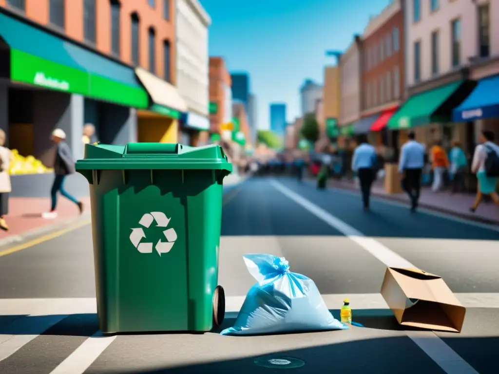 Influencia campaña Recycle Right: Ciudadanos comprometidos reciclando en la bulliciosa calle de la ciudad