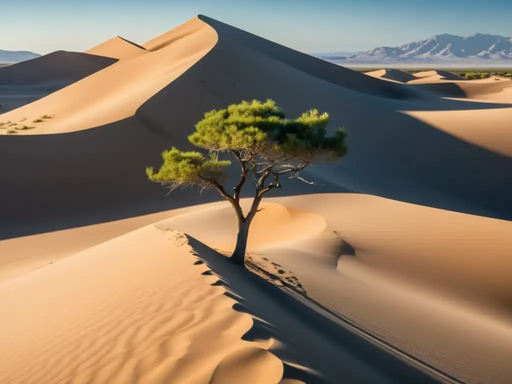 Iniciativas verdes mundo árabe: Un árbol solitario se alza en un paisaje sereno de dunas de arena, bajo un cielo azul claro