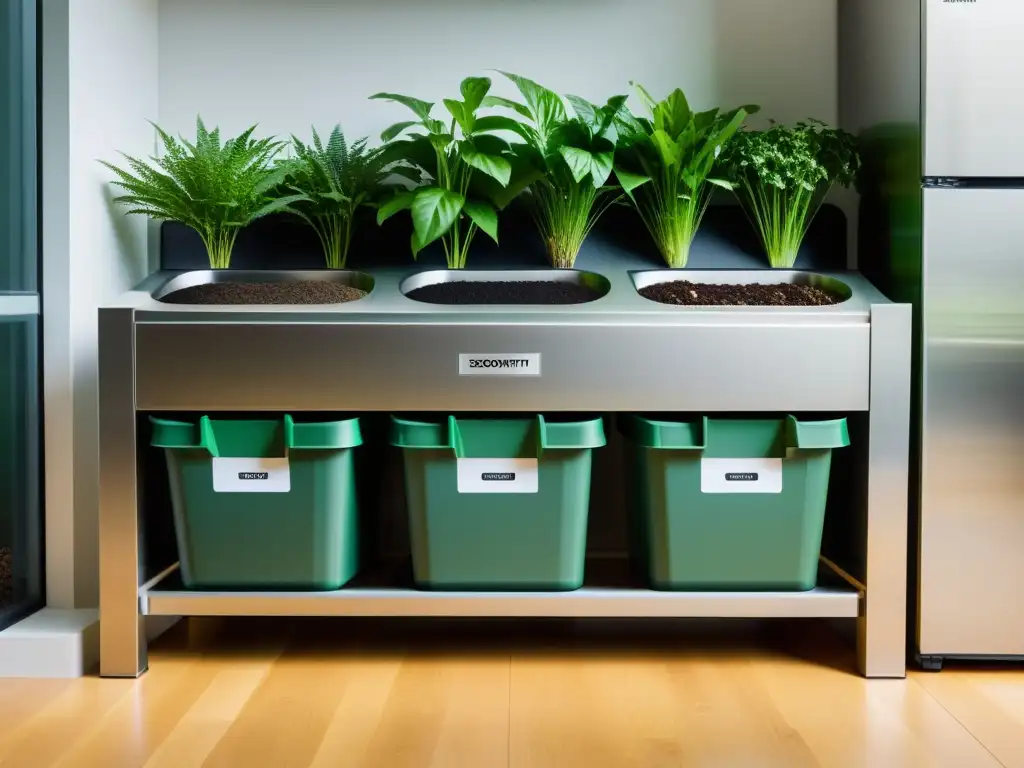 Innovaciones en compostaje y reciclaje: Moderno sistema de compostaje y reciclaje con contenedores de acero inoxidable y plantas verdes cercanas